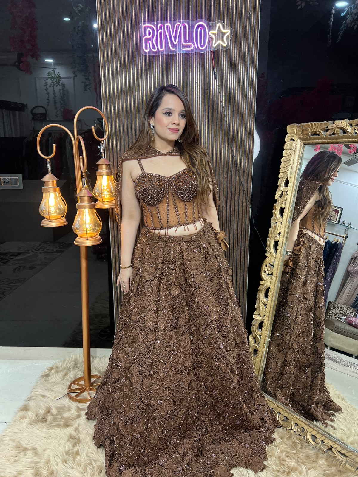 Chocolate Brown Embellished Cape + Corset Lehenga Set AC142