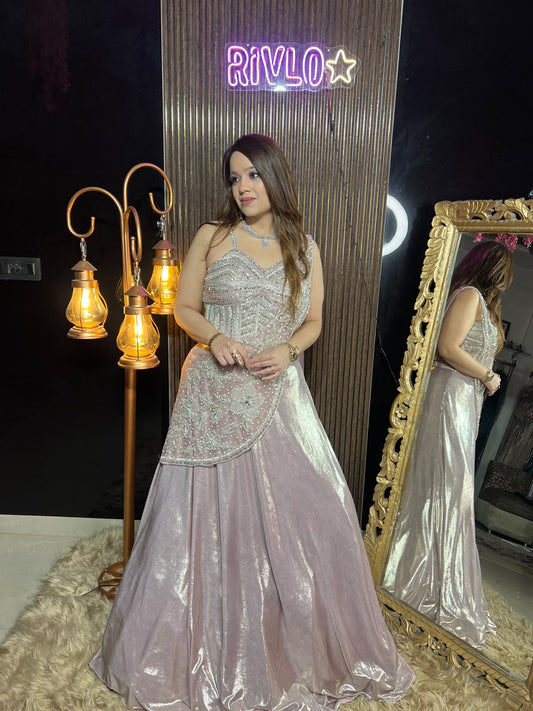 Pink Sleeveless Drape Crop Top Lehenga Set AC141