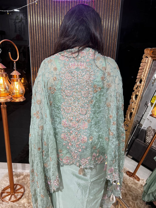 ✨ Mint Green And Baby Pink Embellished Cape Indo-Western Set RC465