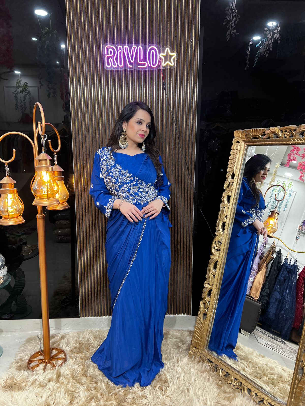 BLUE AND HOT PINK EMBLISHED DRAPE SAREE RC472