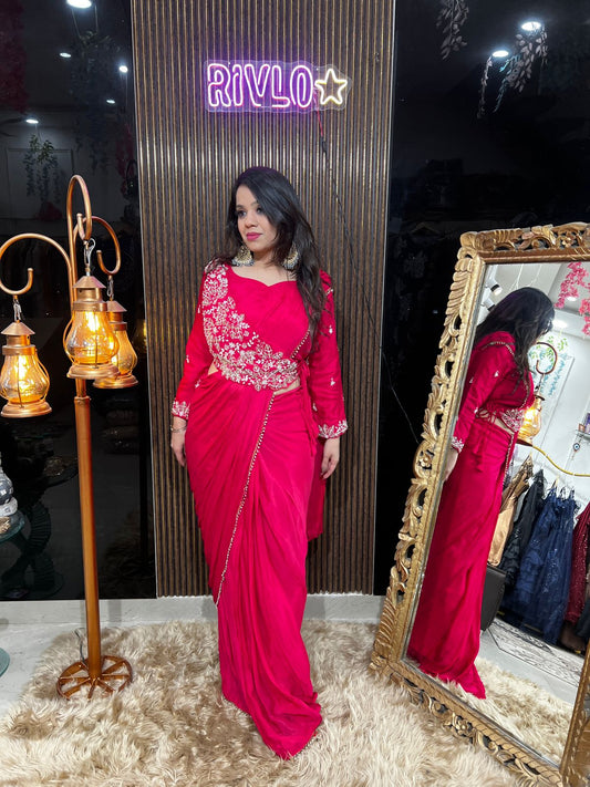 BLUE AND HOT PINK EMBLISHED DRAPE SAREE RC472