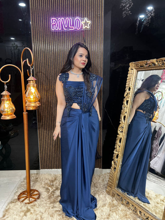 🤎✨ Wine and Blue Indo-Western Saree Set ✨🤎 AC65