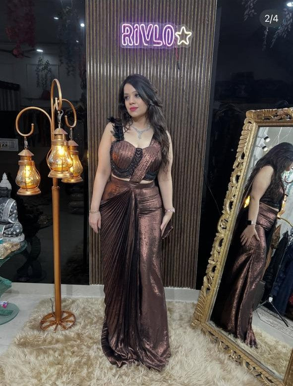Gold And Electric Blue Draped Indo-Western Set with Corset Blouse RC477