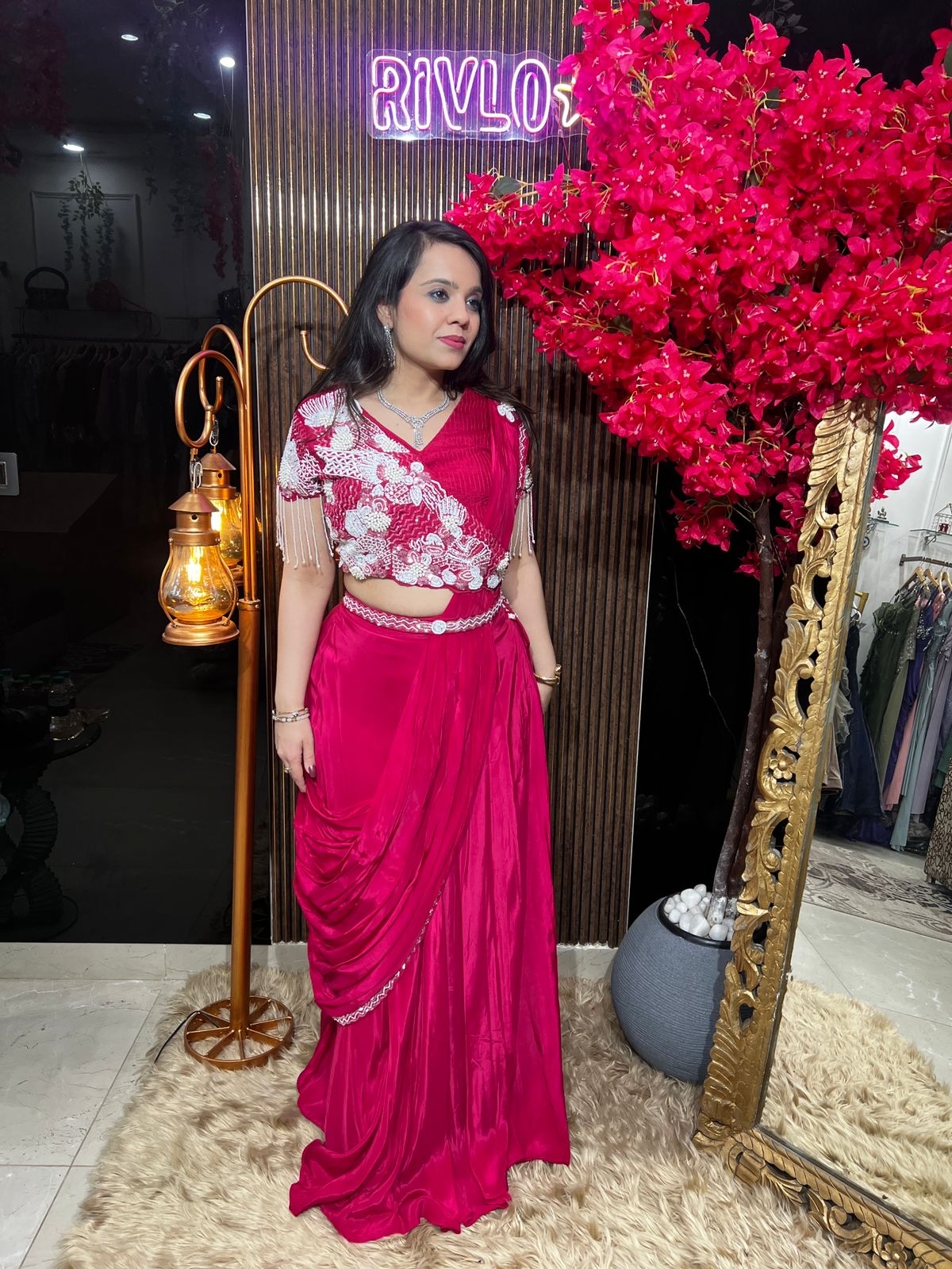 Hot Pink And Blue Glam Drape Saree AC74