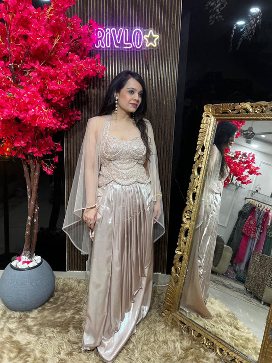 Blush Silver And Peach Embellished Drape Saree Set ✨ RC546