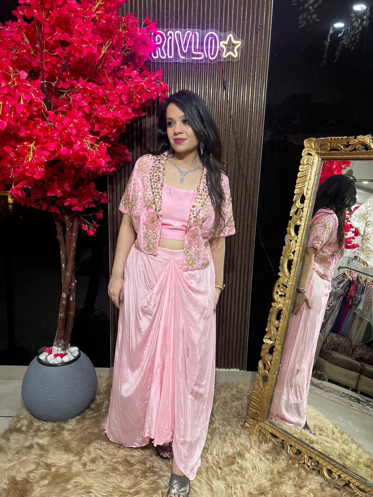 ✨ Ivory & Pink With Golden Work Draped Indo-Western Set RC497