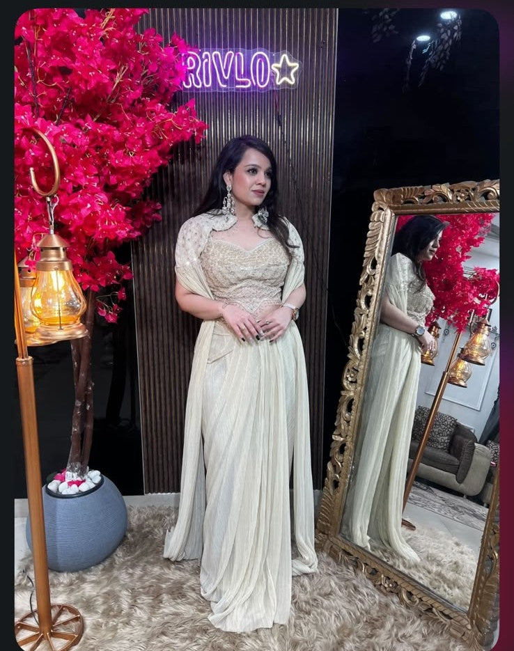 Viral Rose Gold & Ivory Embellished Drape Set With Cape ✨ RC654