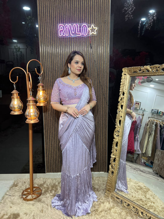 Sleeves Ivory Pearl , Lavender & bLACK Embellished Drape Saree RC667