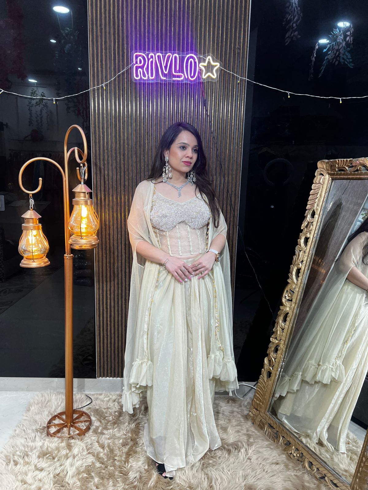 ✨ Ivory Shimmer Corset Draped Indo-Western Set RC405