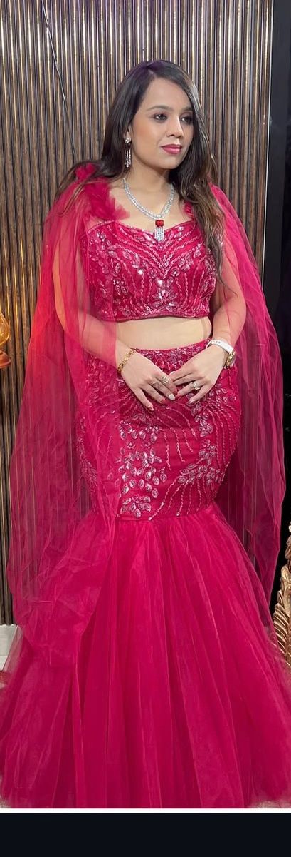 Champagne Gold and hot pick Mermaid lehenga with Cape RC216