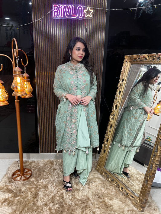 ✨ Mint Green And Baby Pink Embellished Cape Indo-Western Set RC465