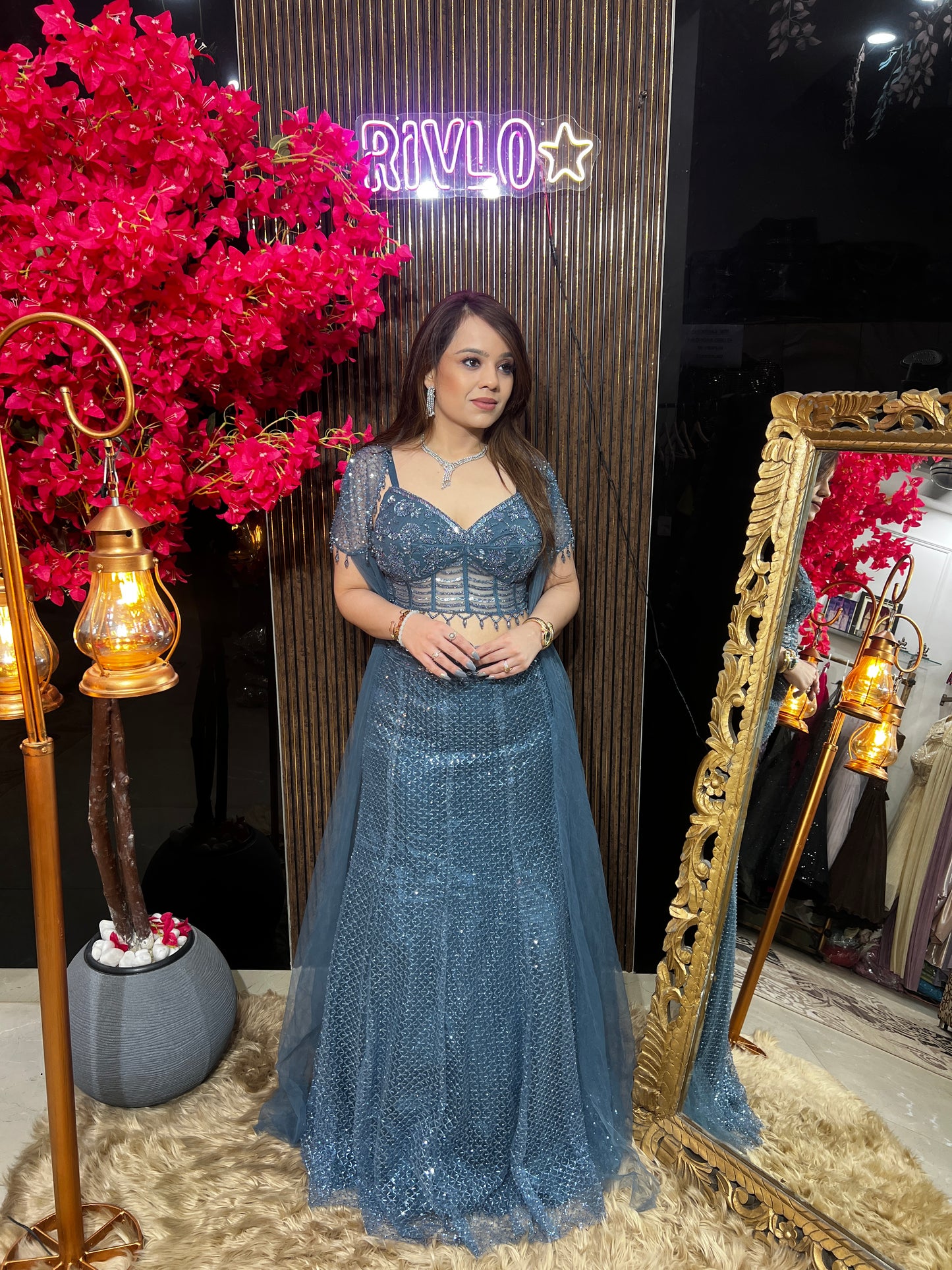 Grey and Powder Blue Cape Embellished Drape Set ✨ RC595