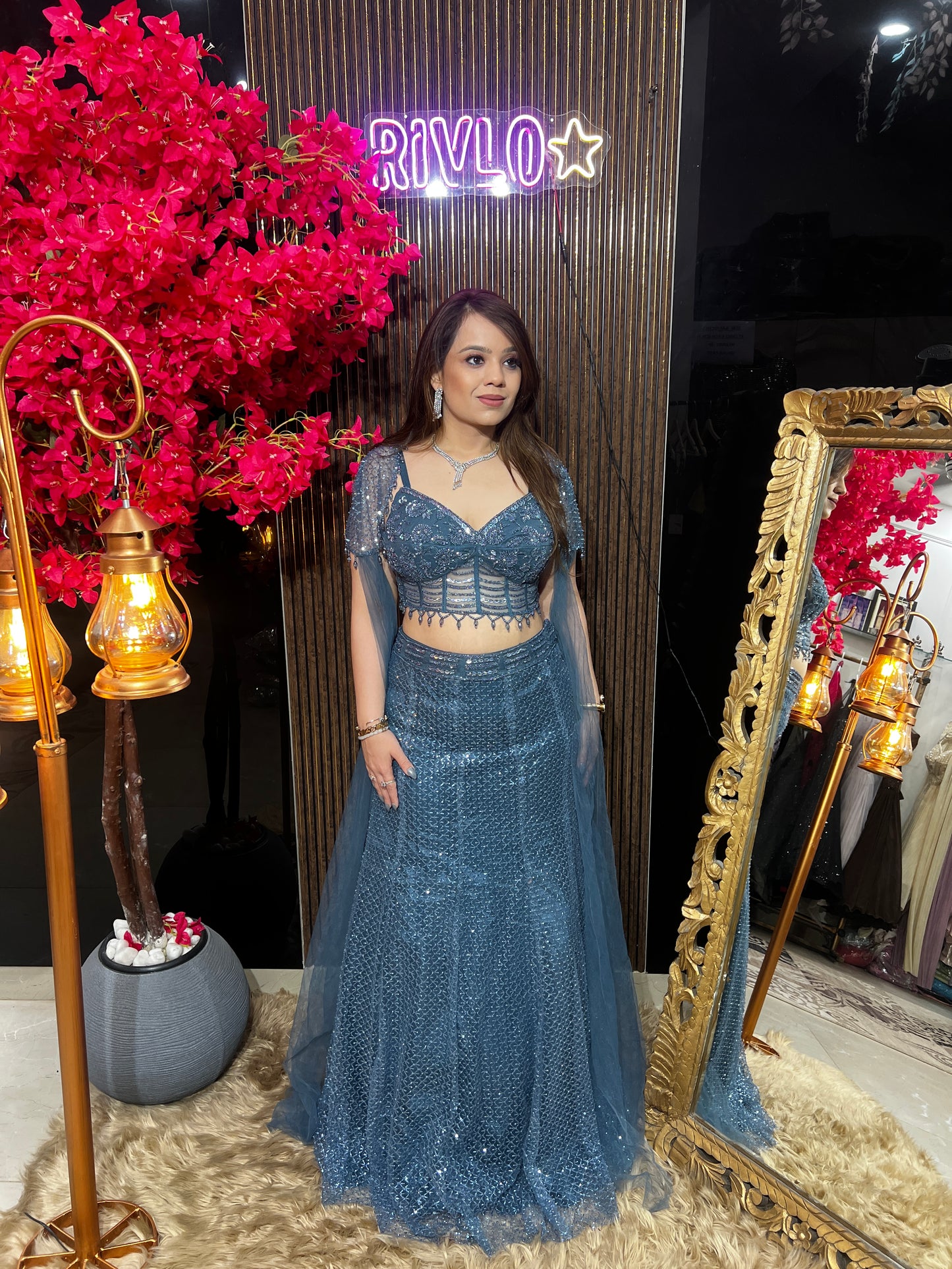 Grey and Powder Blue Cape Embellished Drape Set ✨ RC595
