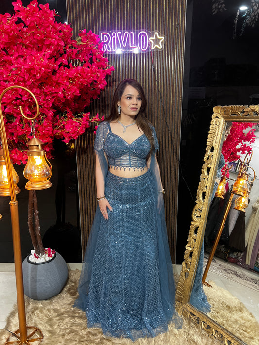 Grey and Powder Blue Cape Embellished Drape Set ✨ RC595
