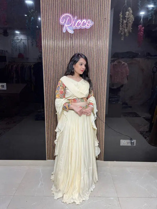 IVORY LEHENGA WITH STYLISH SLEEVES RC64
