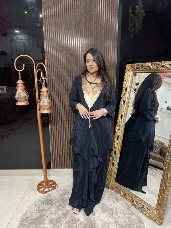 Midnight Black and Blue Draped Kaftan with Sequin Embellishment RC197