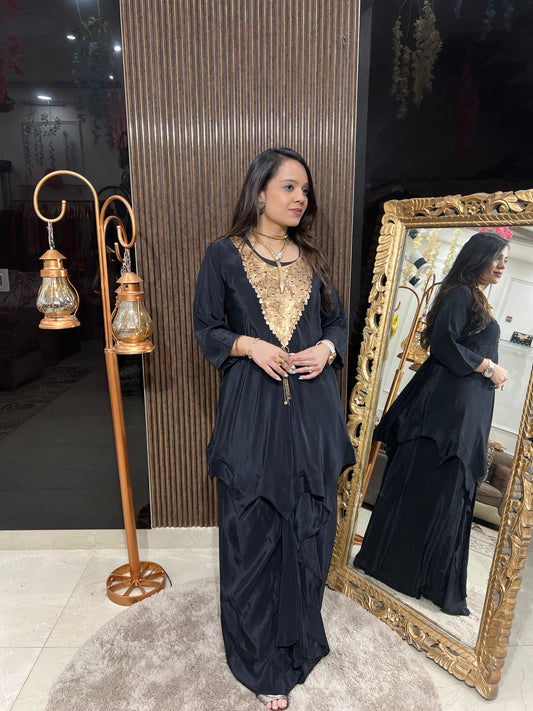 Midnight Black and Blue Draped Kaftan with Sequin Embellishment RC197