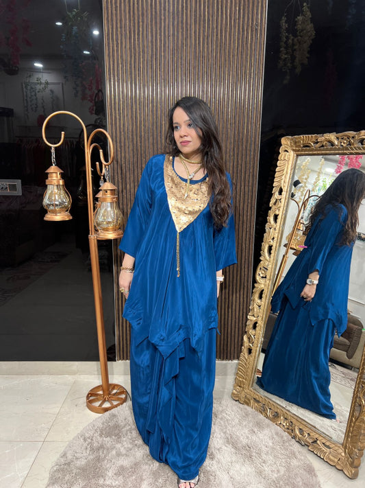 Midnight Black and Blue Draped Kaftan with Sequin Embellishment RC197