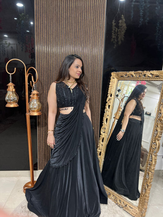 Black Sequin Drape Lehenga Set RC201