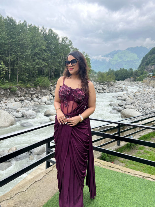 Plum Purple Pre-Stitched Designer Saree with Embroidered Corset Blouse RC213