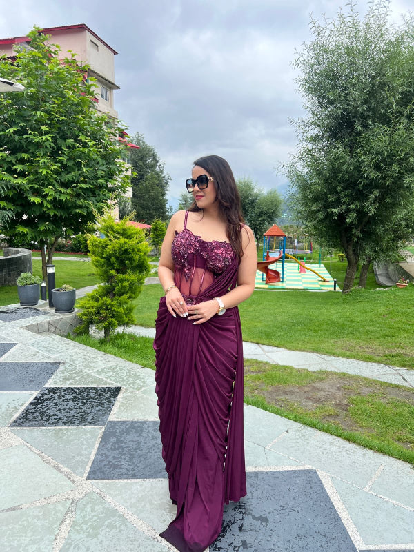 Plum Purple Pre-Stitched Designer Saree with Embroidered Corset Blouse RC213