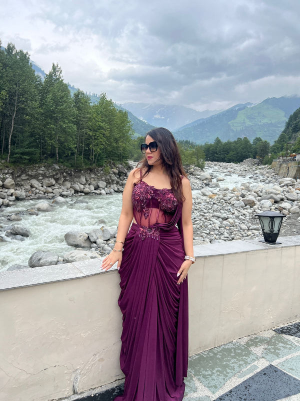Plum Purple Pre-Stitched Designer Saree with Embroidered Corset Blouse RC213