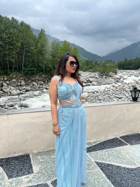 Sky Blue Designer Pre-Draped Saree  RC215