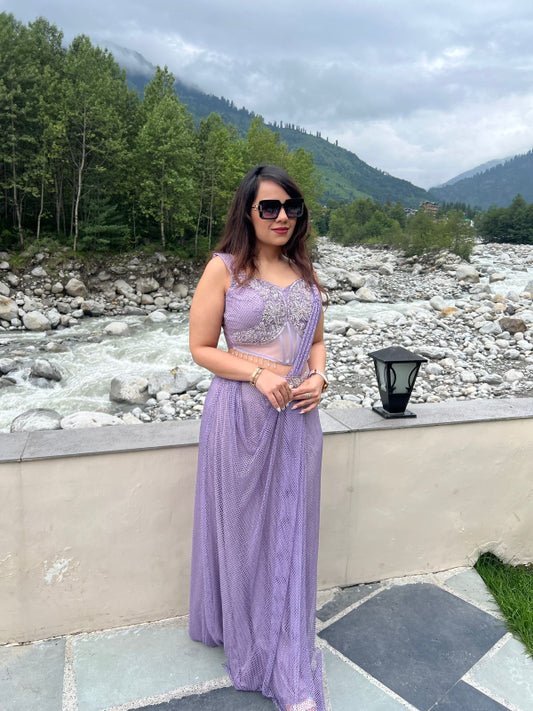 Lavender Mirror Work Pre-Draped Saree Gown RC214