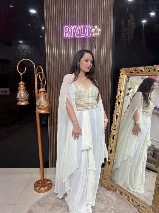 Ivory White Cape Drape with Beaded Corset Blouse RC219