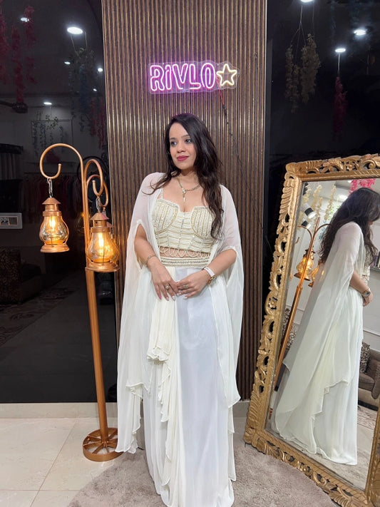 Ivory White Cape Drape with Beaded Corset Blouse RC219
