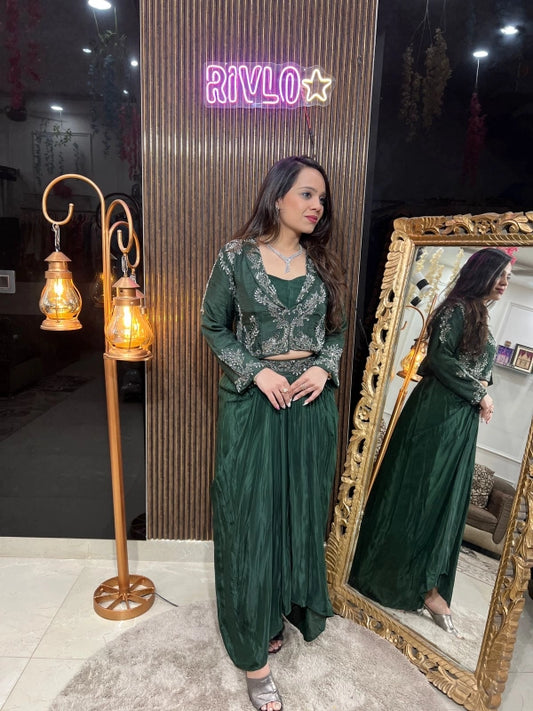 Emerald Green Draped Dhoti Set with Hand-Embroidered Jacket RC223