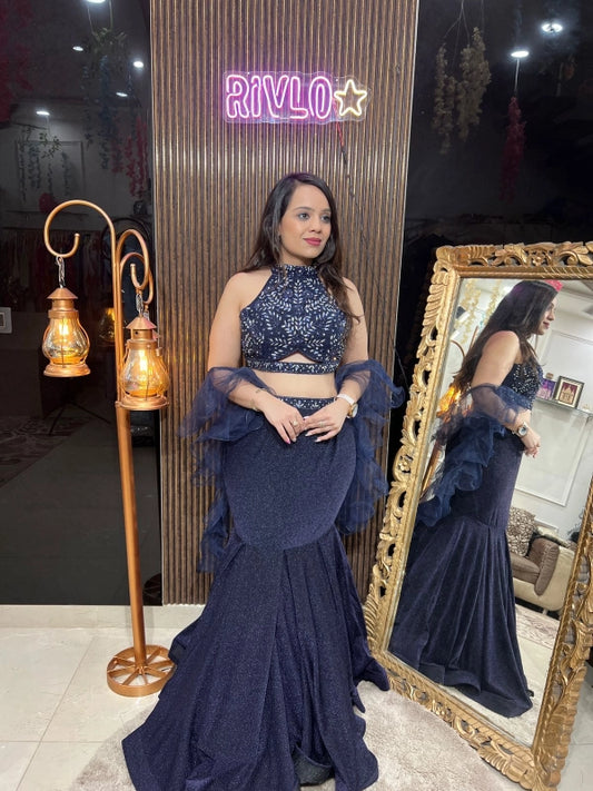 Midnight Blue Fish-Cut Lehenga Set with Sequined Blouse & Ruffle Dupatta RC226