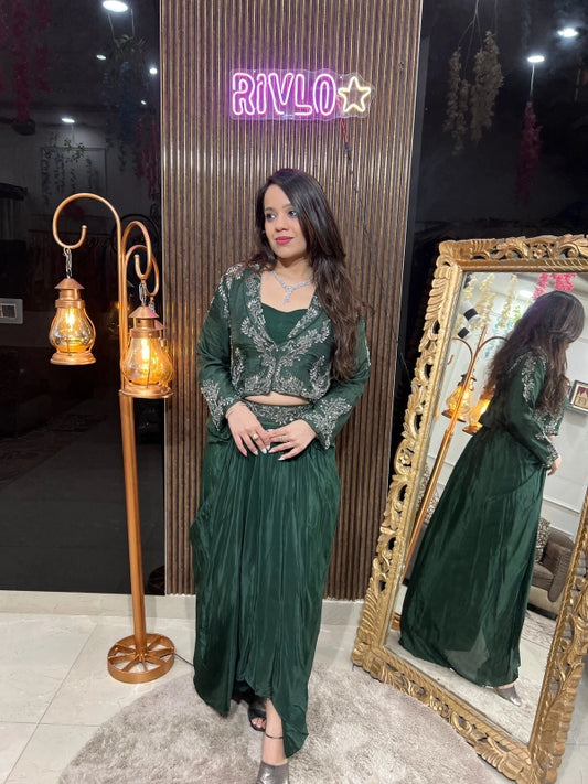 Emerald Green Draped Dhoti Set with Hand-Embroidered Jacket RC223