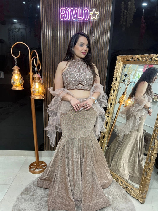 Champagne Gold Fish-Cut Lehenga Set with Embellished Blouse & Ruffle Dupatta RC227