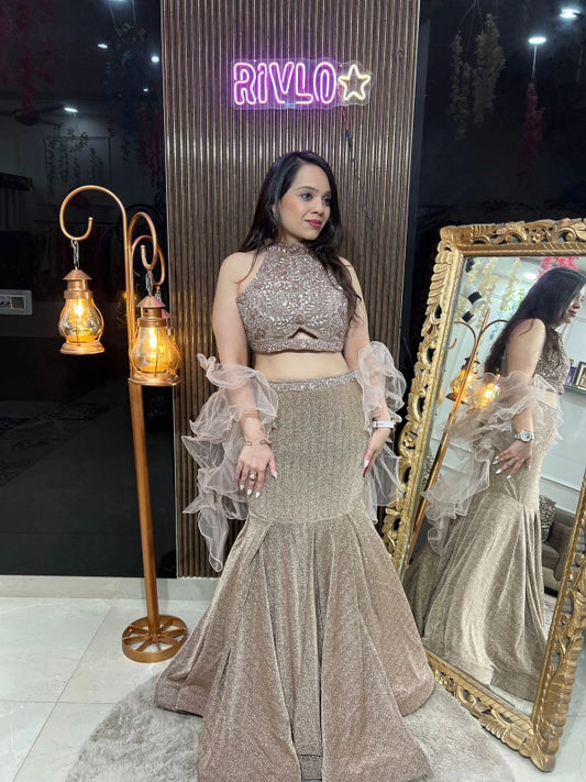 Champagne Gold Fish-Cut Lehenga Set with Embellished Blouse & Ruffle Dupatta RC227