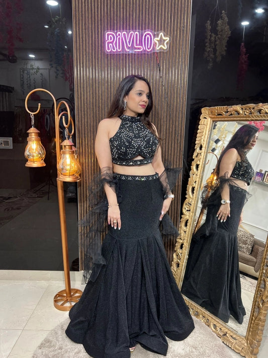 Black Sparkle Fish-Cut Lehenga Set with Embroidered Blouse & Ruffle Dupatta RC228