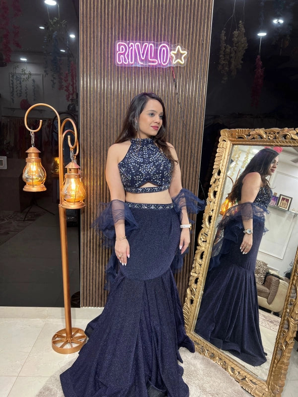 Midnight Blue Fish-Cut Lehenga Set with Sequined Blouse & Ruffle Dupatta RC226