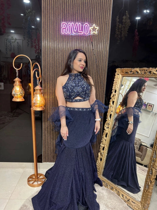 Midnight Blue Fish-Cut Lehenga Set with Sequined Blouse & Ruffle Dupatta RC226