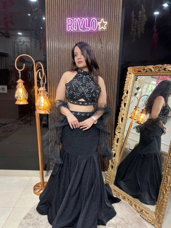 Black Sparkle Fish-Cut Lehenga Set with Embroidered Blouse & Ruffle Dupatta RC228