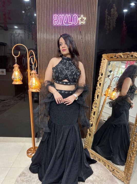 Black Sparkle Fish-Cut Lehenga Set with Embroidered Blouse & Ruffle Dupatta RC228