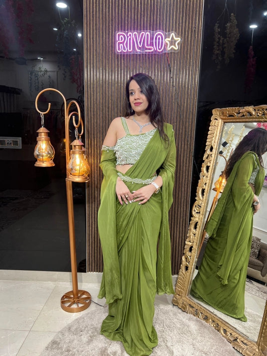 Olive Green Pre-Draped Saree Set with Pearl Embroidered Blouse RC225