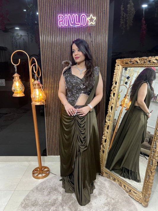 Olive Green Draped Saree with Black Sequin Blouse RC218