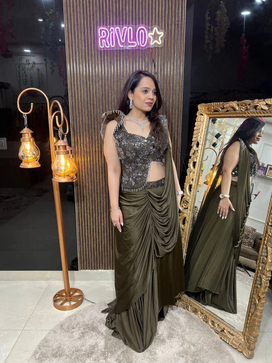 Olive Green Draped Saree with Black Sequin Blouse RC218