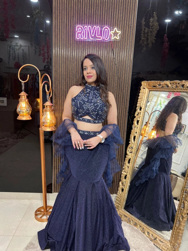 Midnight Blue Fish-Cut Lehenga Set with Sequined Blouse & Ruffle Dupatta RC226