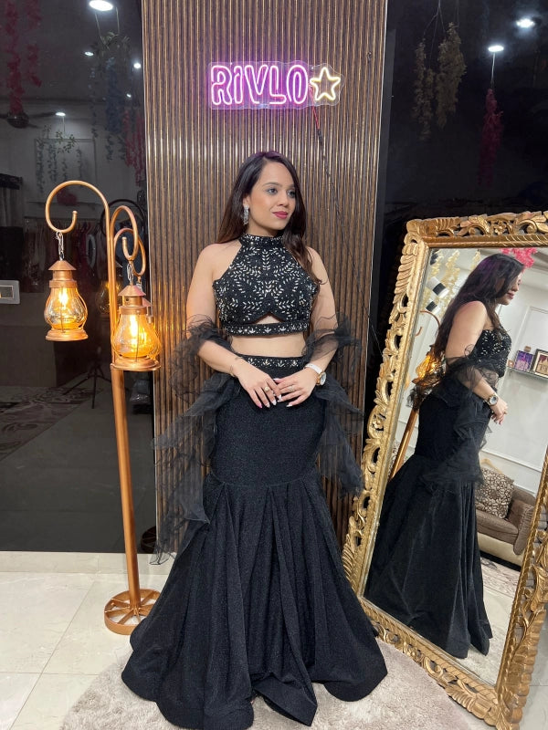 Black Sparkle Fish-Cut Lehenga Set with Embroidered Blouse & Ruffle Dupatta RC228