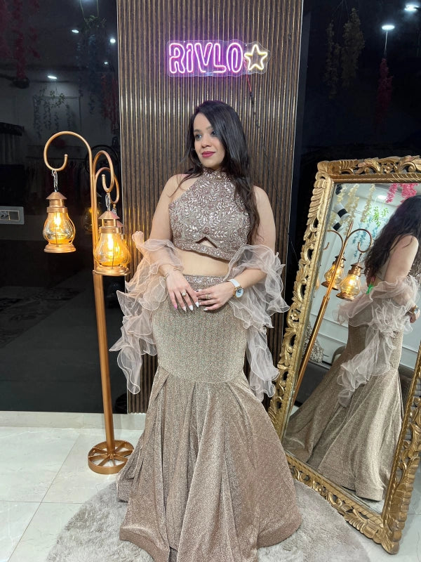 Champagne Gold Fish-Cut Lehenga Set with Embellished Blouse & Ruffle Dupatta RC227