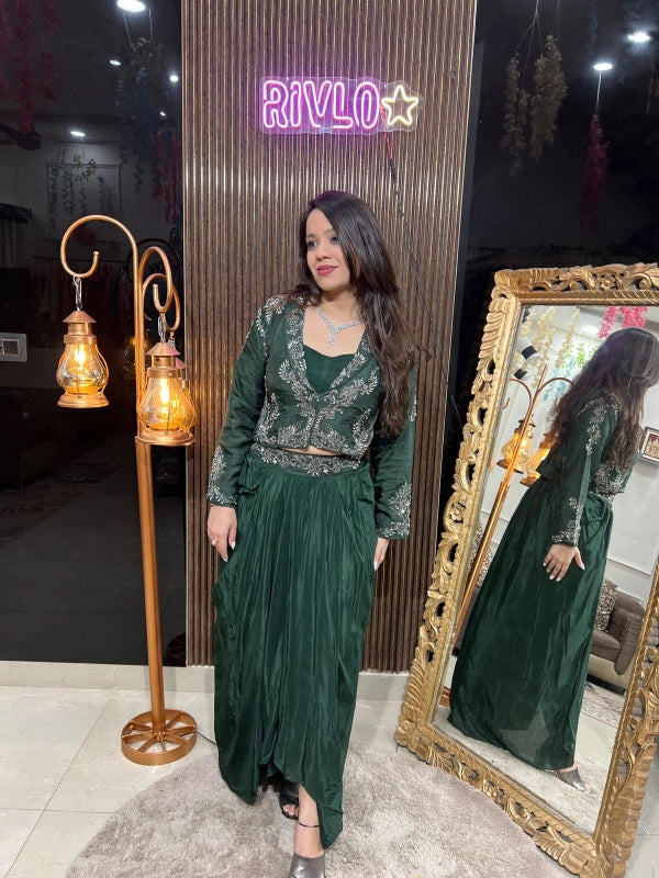 Emerald Green Draped Dhoti Set with Hand-Embroidered Jacket RC223
