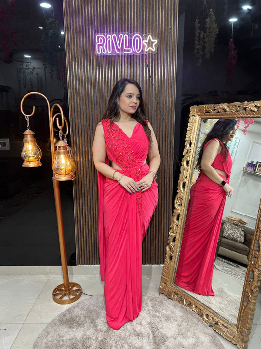 Raspberry Pink Pre-Stitched Saree Gown with Hand Embroidery RC232