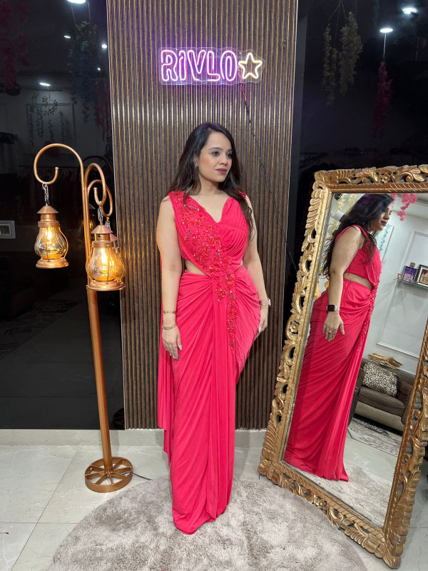 Raspberry Pink Pre-Stitched Saree Gown with Hand Embroidery RC232