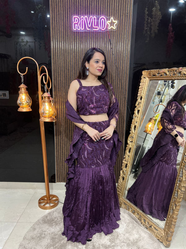 Plum Purple And Black Sequinned Fishcut Lehenga Set RC233